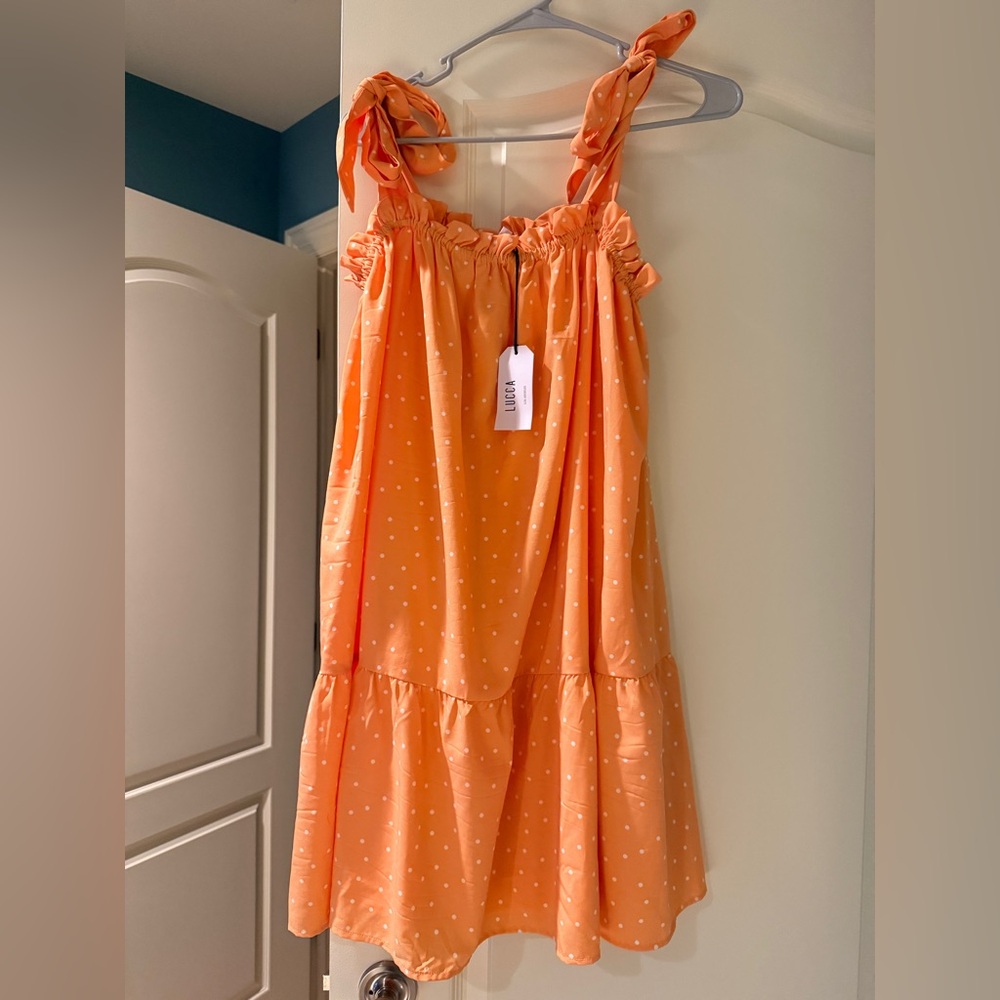 Women’s Orange Polka Dot Tie-Shoulder Dress